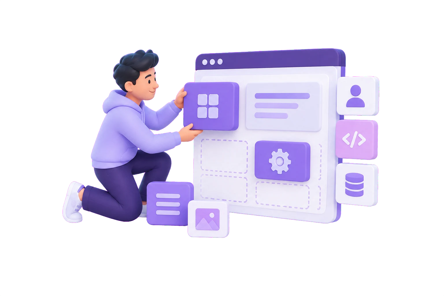 Engineer assembling a software platform from modular interface blocks in an illustrated workspace