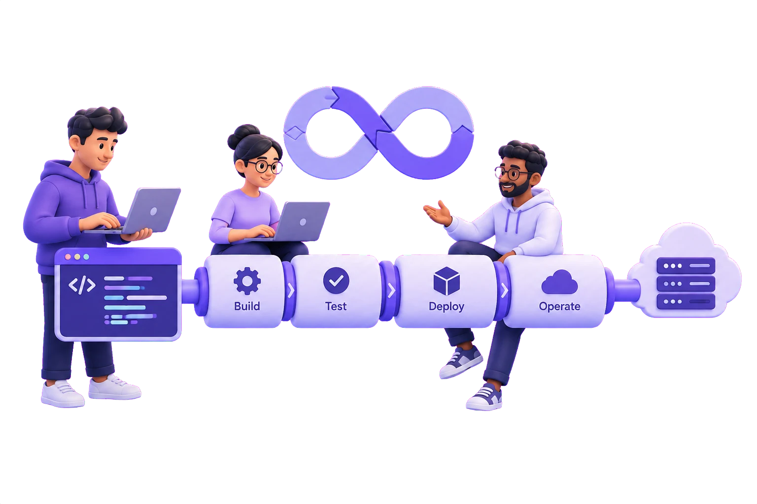 Illustration of a connected team shipping software through a pipeline