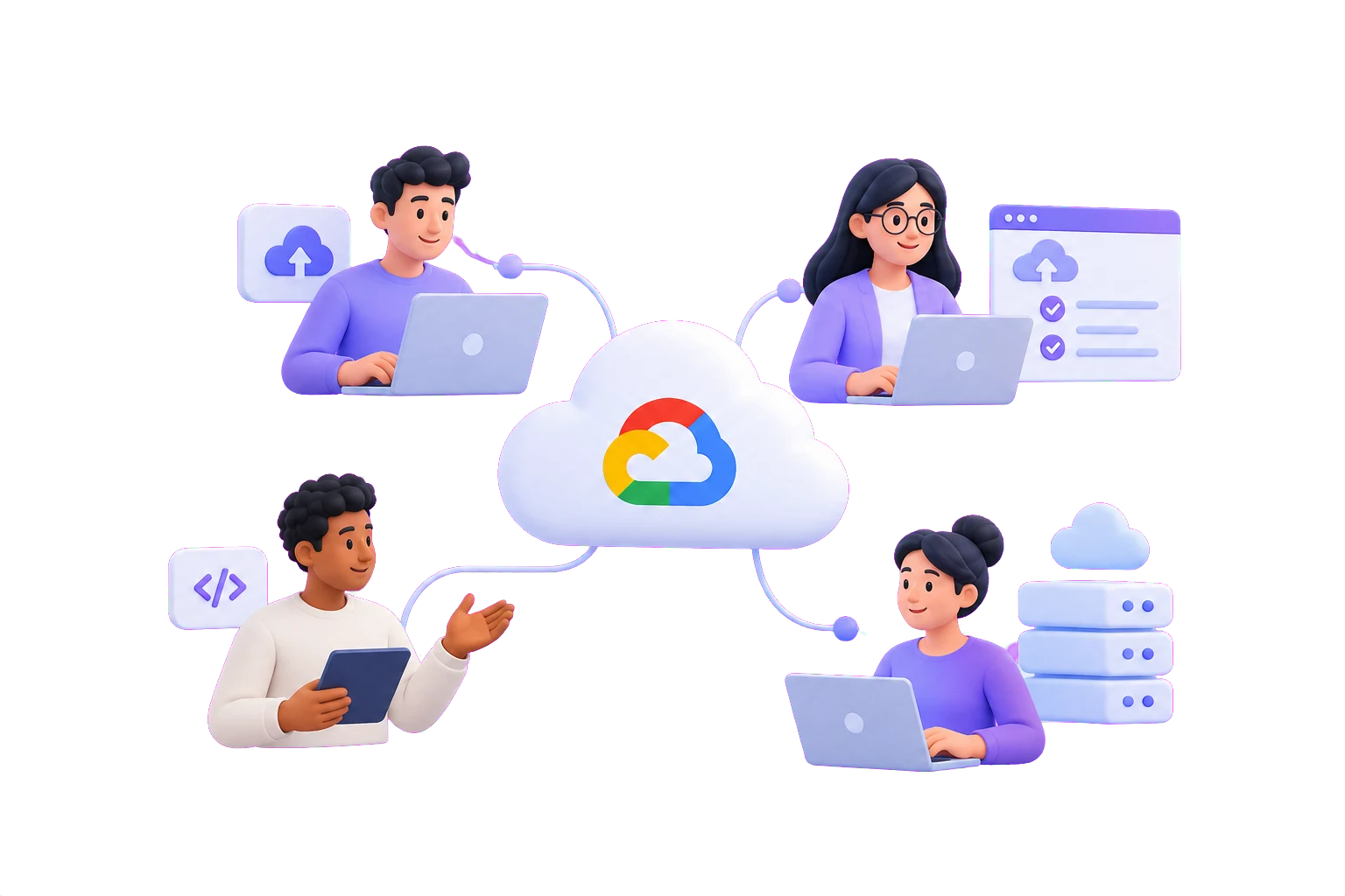Illustration of a connected cloud delivery team
