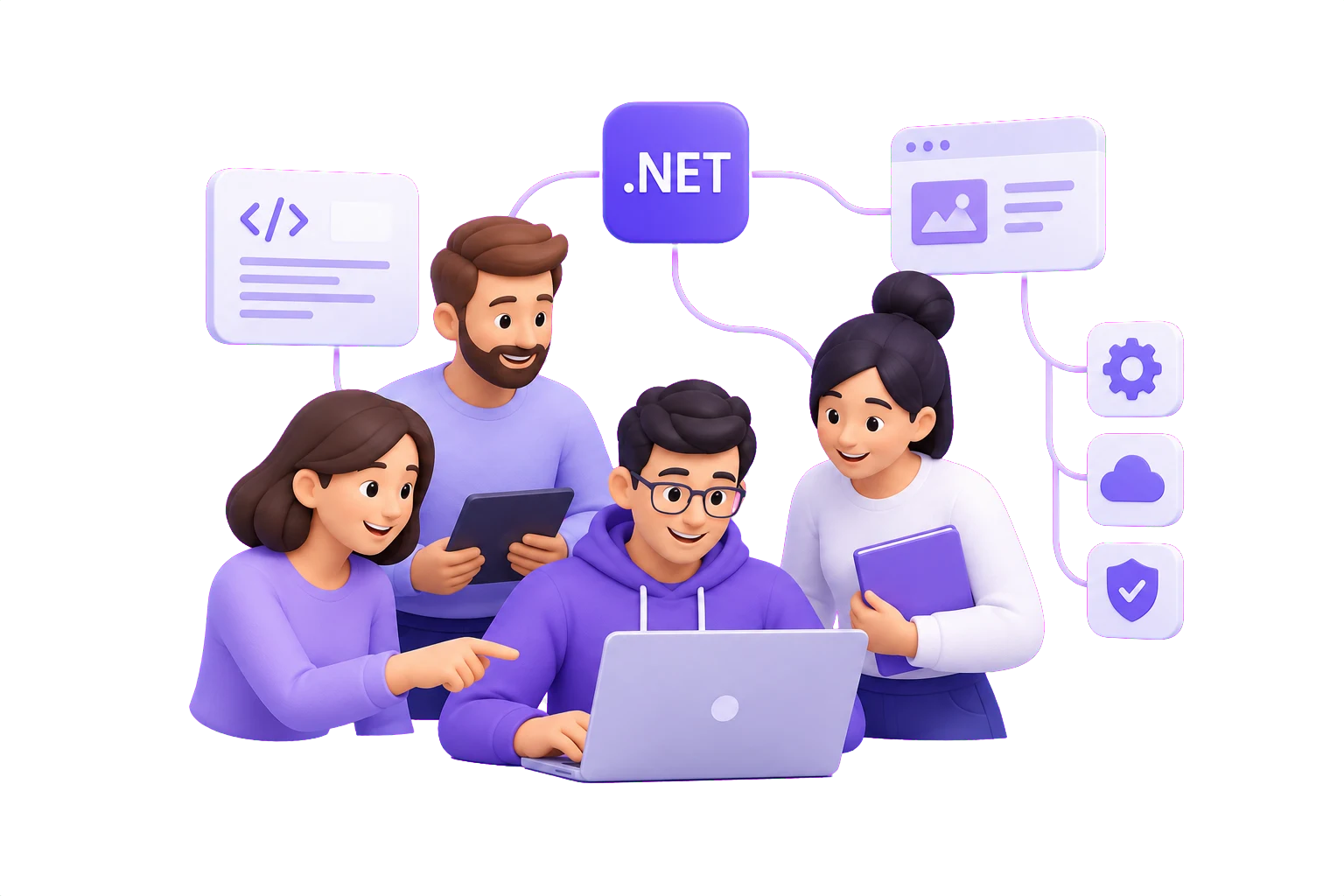 Illustration of a connected product team working together