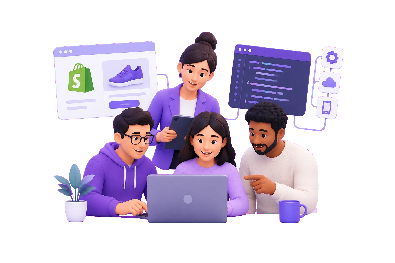 Illustration of a connected product team working together