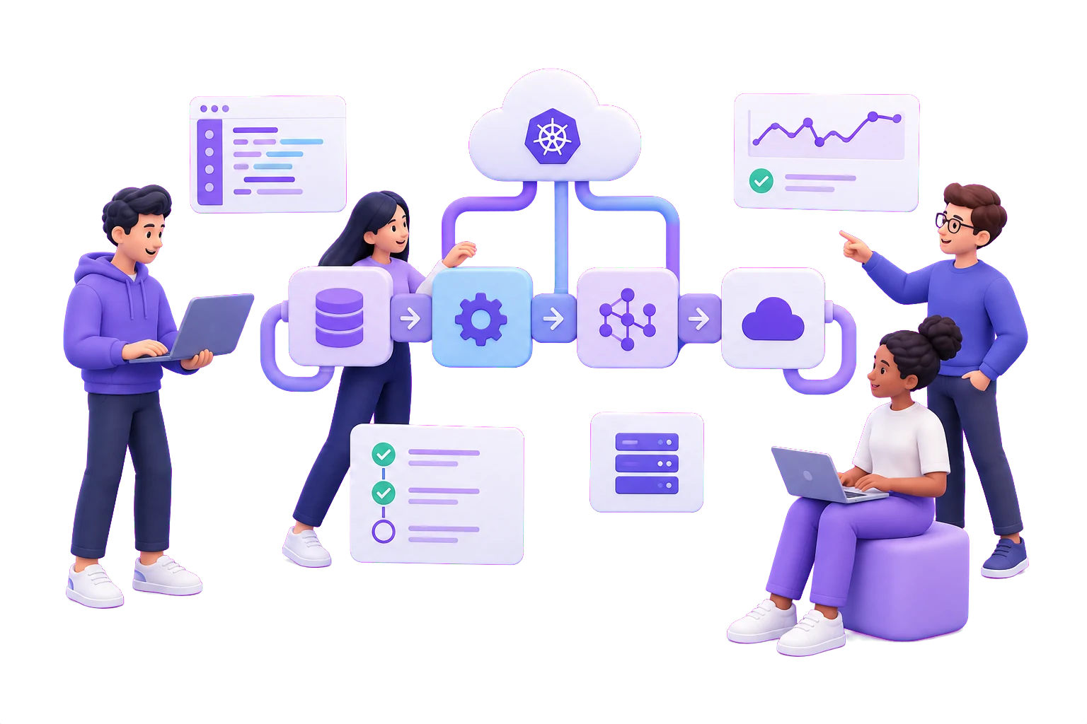 Illustration of a connected team building a machine learning pipeline