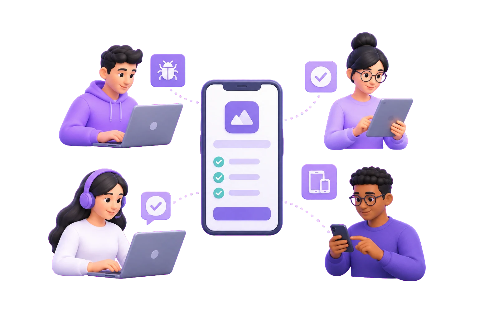 Illustration of a connected mobile QA team