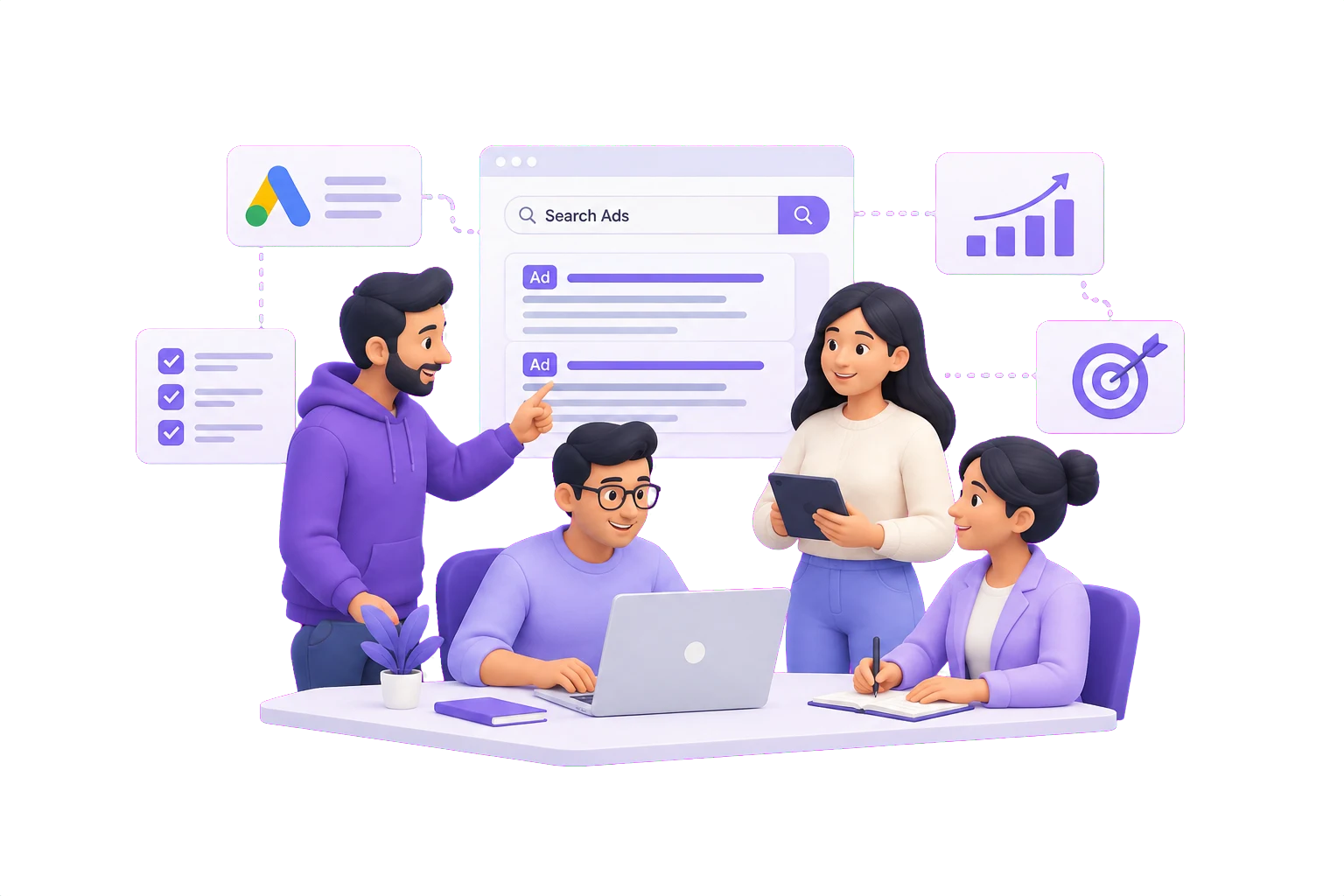 Illustration of a connected team planning paid search campaigns