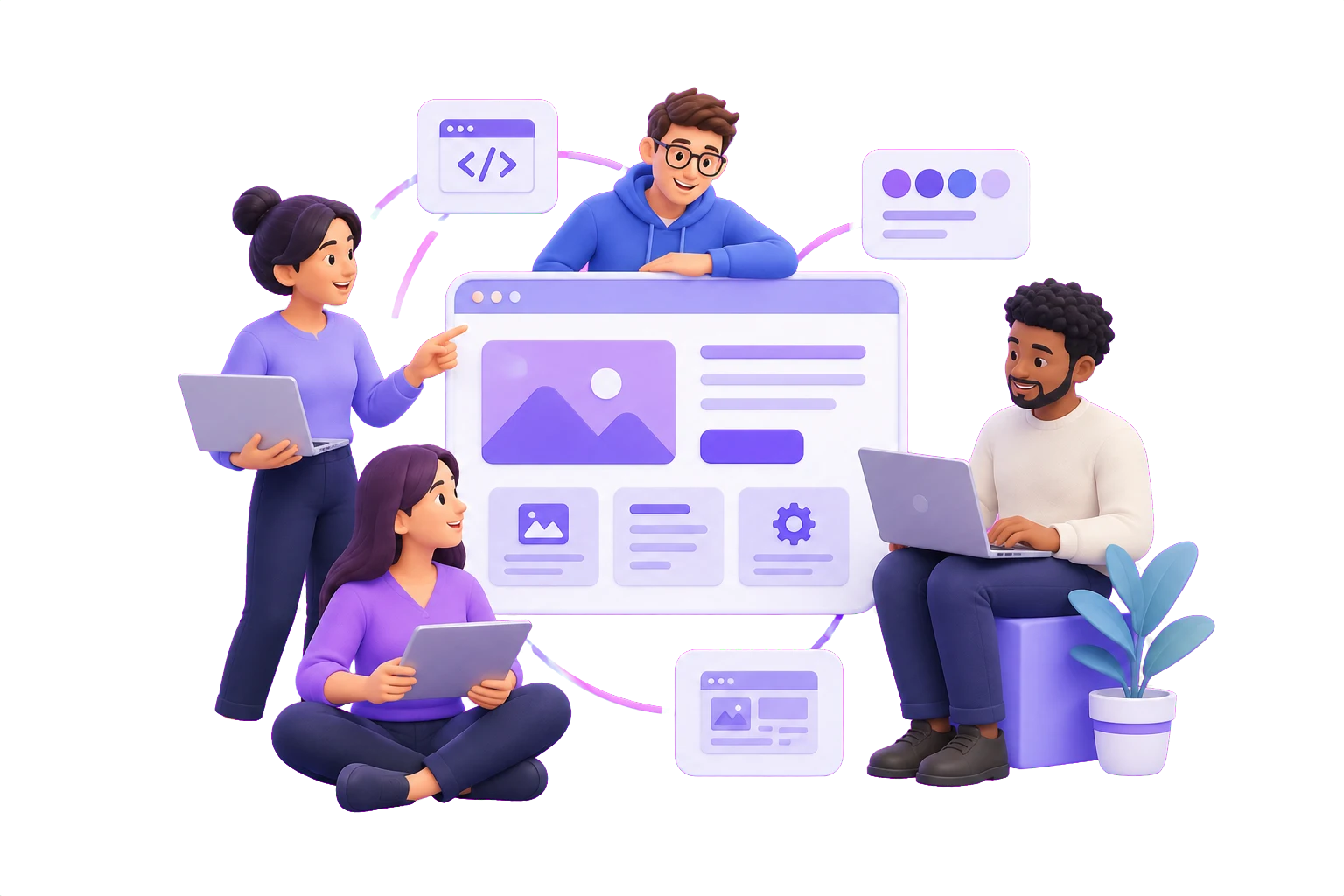 Illustration of a connected website design team