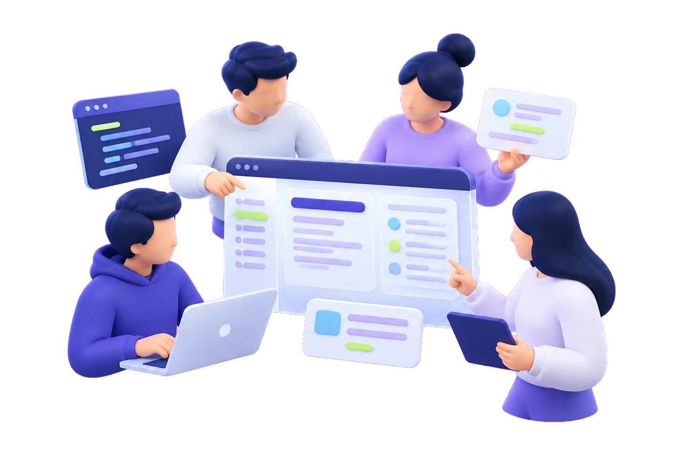 Team members fitting puzzle-style product pieces together, showing one cross-functional team building a single product